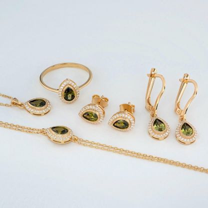 Peridot Bezel Drop Ring with Real Diamonds in 8K/10K/14K Solid Gold | August Birthstone Jewelry