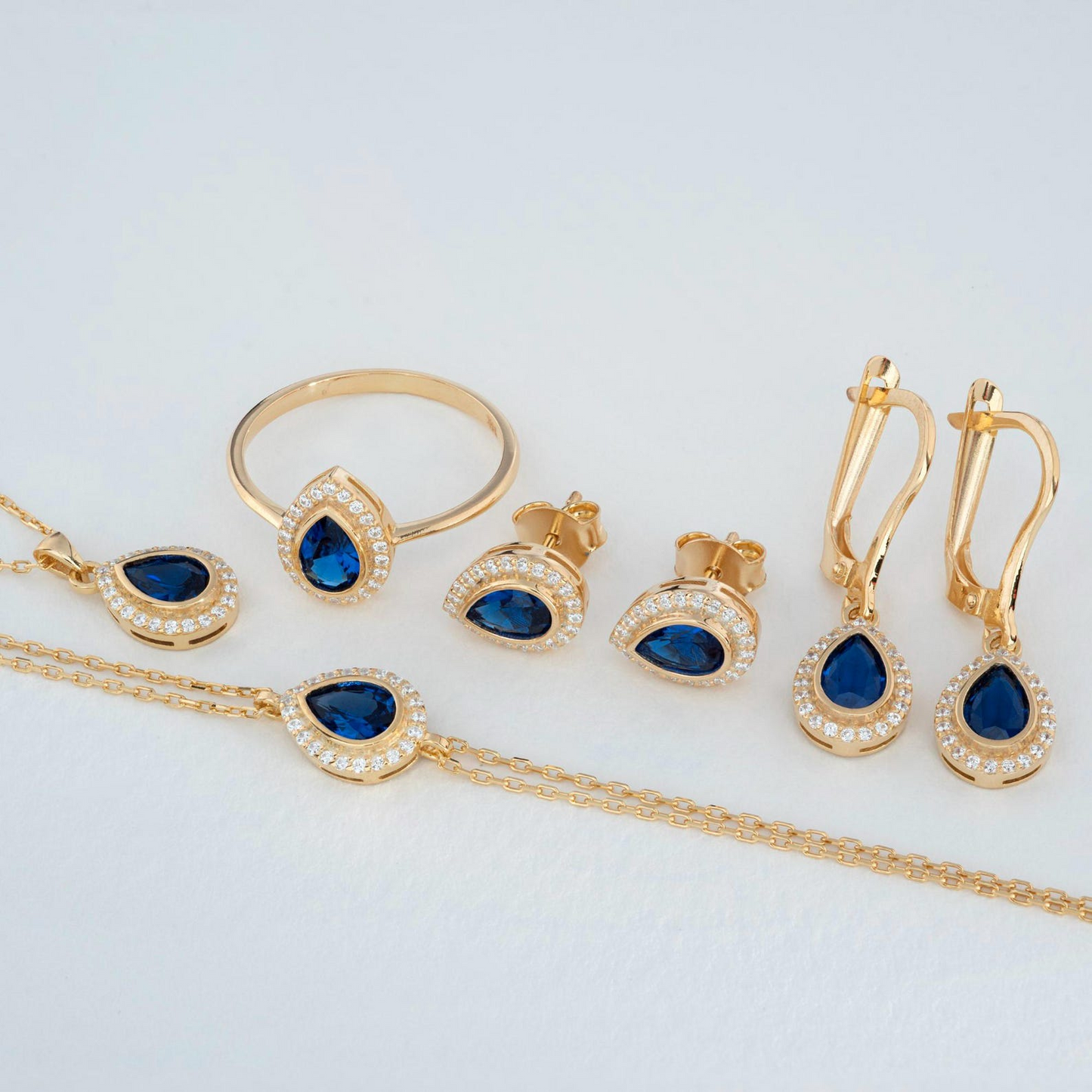 Sapphire Bezel Drop Stud Earrings with Real Diamonds in 8K/10K/14K Solid Gold | September Birthstone Jewelry