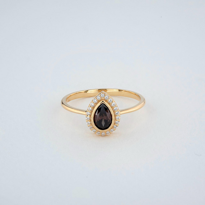 Smoky Quartz Bezel Drop Ring with Real Diamonds in 8K/10K/14K Solid Gold | Handmade Jewelry