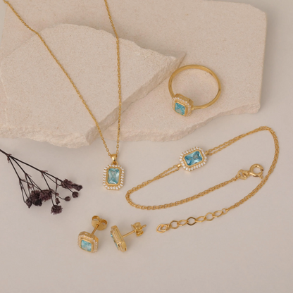 Rectangle Aquamarine Bezel Necklace in 8K/10K/14K Solid Gold Surrounded with Real Diamonds, March Birthstone Jewelry