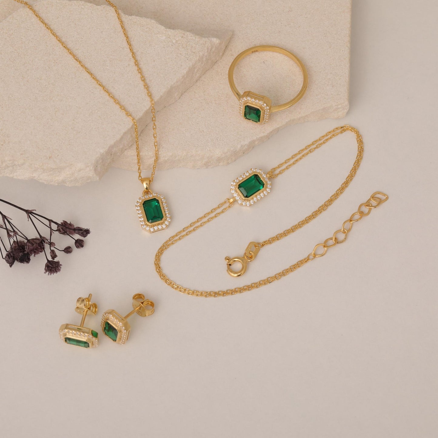 Rectangle Emerald Bezel Necklace in 8K/10K/14K Solid Gold Surrounded with Real Diamonds, May Birthstone Jewelry