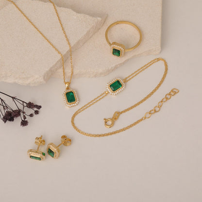 Rectangle Emerald Bezel Necklace in 8K/10K/14K Solid Gold Surrounded with Real Diamonds, May Birthstone Jewelry