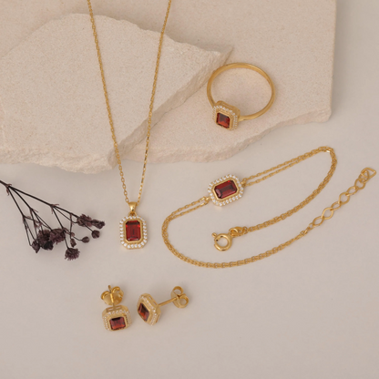 Rectangle Garnet Bezel Necklace in 8K/10K/14K Solid Gold Surrounded with Real Diamonds, January Birthstone Jewelry