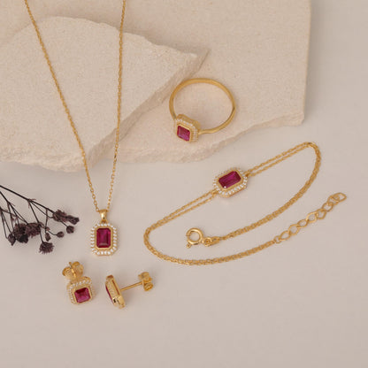 Rectangle Ruby Bezel Necklace in 8K/10K/14K Solid Gold Surrounded with Real Diamonds, July Birthstone Jewelry