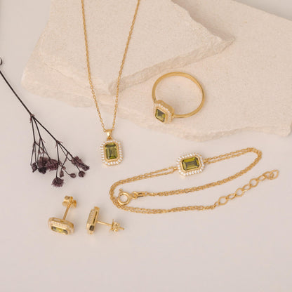 Rectangle Peridot Bezel Necklace in 8K/10K/14K Solid Gold Surrounded with Real Diamonds, August Birthstone Jewelry