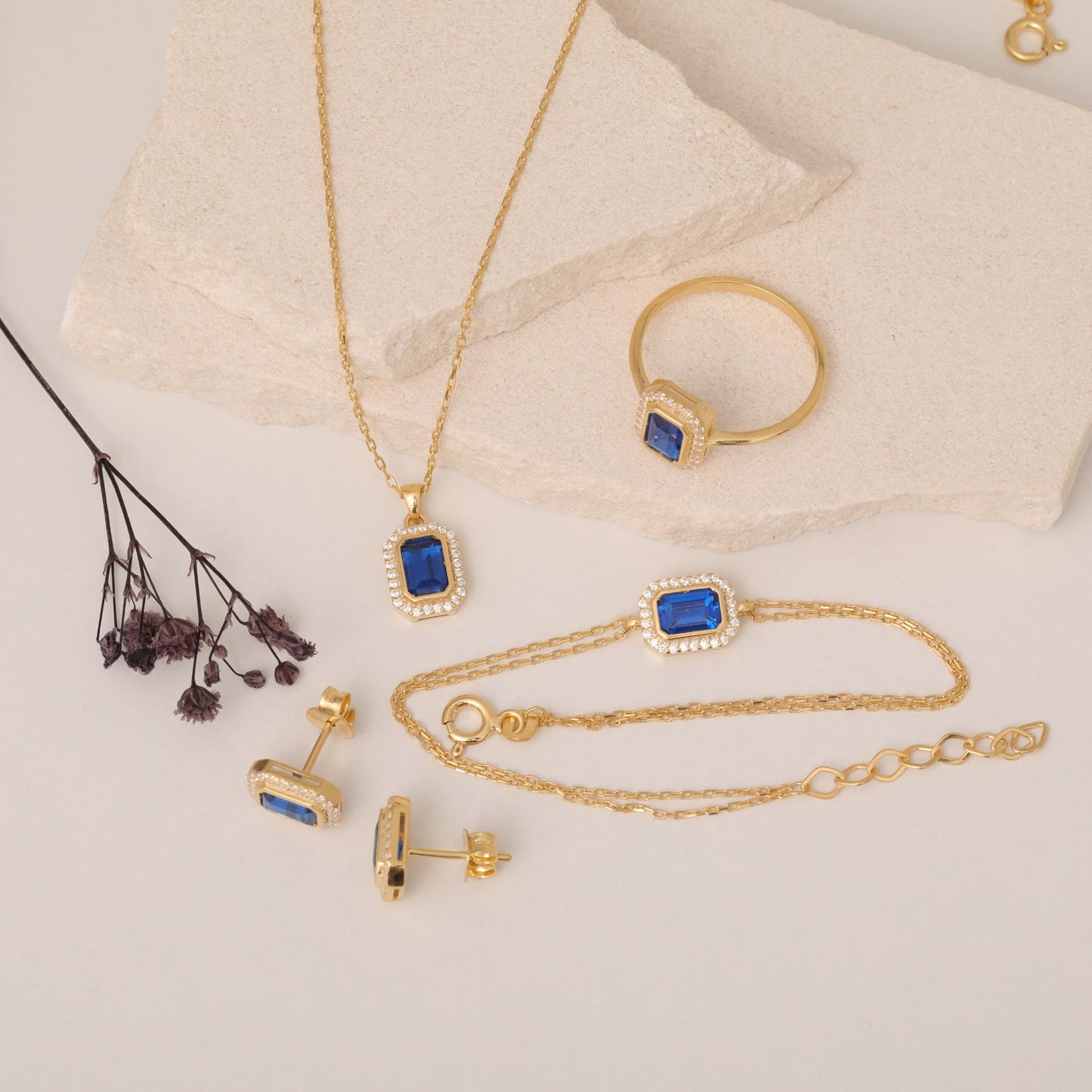 Rectangle Sapphire Bezel Necklace in 8K/10K/14K Solid Gold Surrounded with Real Diamonds, September Birthstone Jewelry