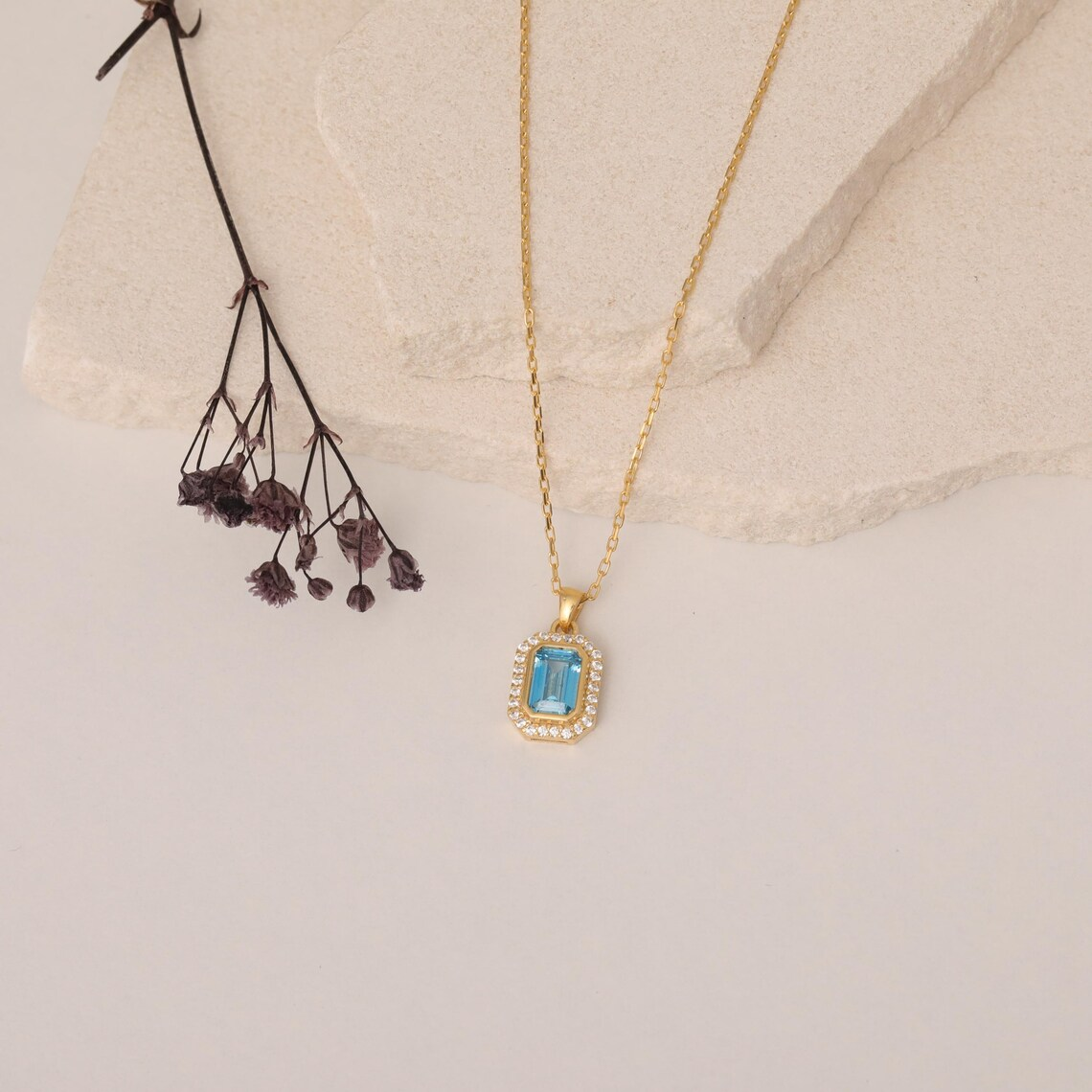Rectangle Blue Topaz Bezel Necklace in 8K/10K/14K Solid Gold Surrounded with Real Diamonds, December Birthstone Jewelry