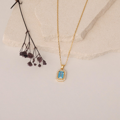 Rectangle Blue Topaz Bezel Necklace in 8K/10K/14K Solid Gold Surrounded with Real Diamonds, December Birthstone Jewelry