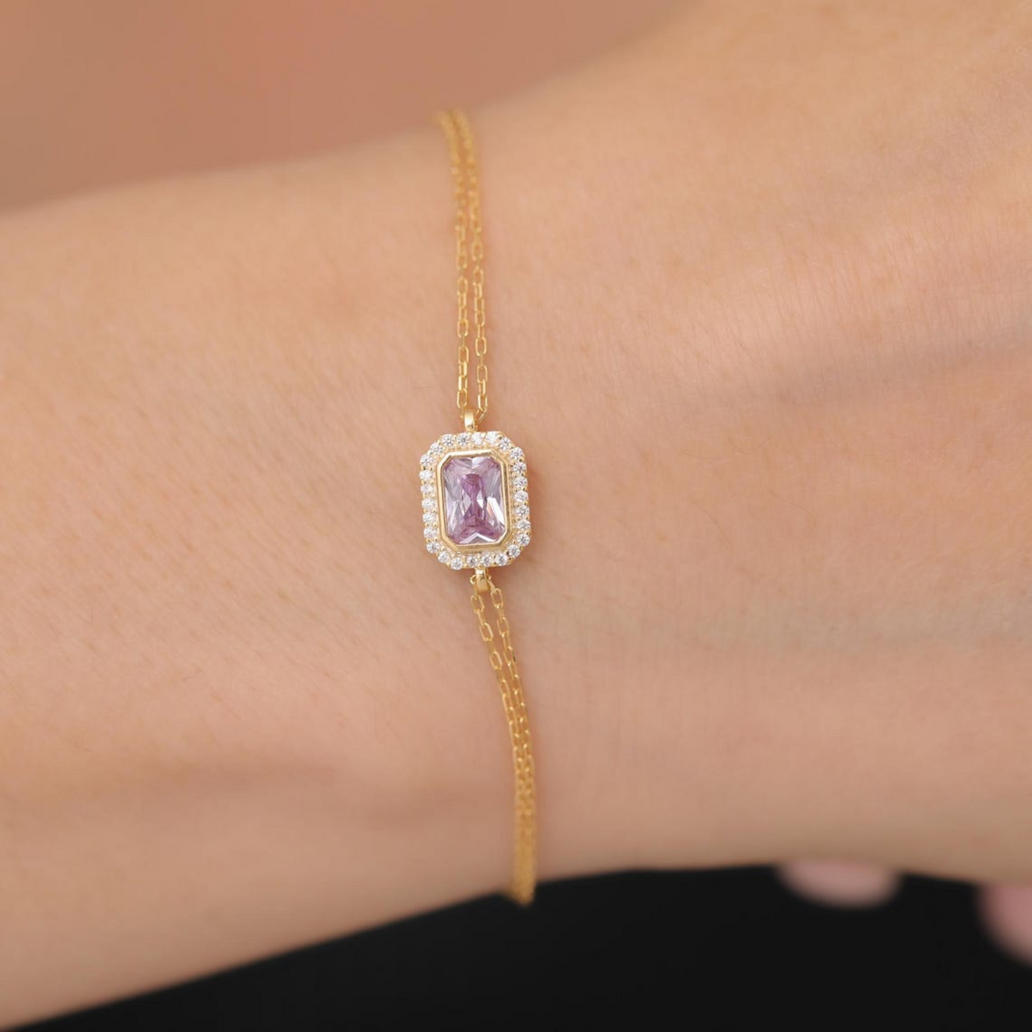 Rectangle Alexandrite Bezel Bracelet in 8K/10K/14K Solid Gold Surrounded with Real Diamonds, June Birthstone Jewelry