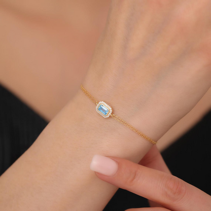 Rectangle Blue Topaz Bezel Bracelet in 8K/10K/14K Solid Gold Surrounded with Real Diamonds, December Birthstone Jewelry