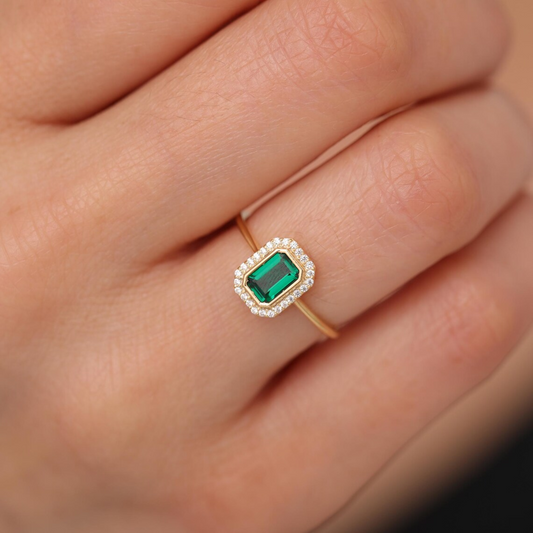 Rectangle Emerald Bezel Ring in 14K Solid Gold Surrounded with Real Diamonds, May Birthstone Jewelry