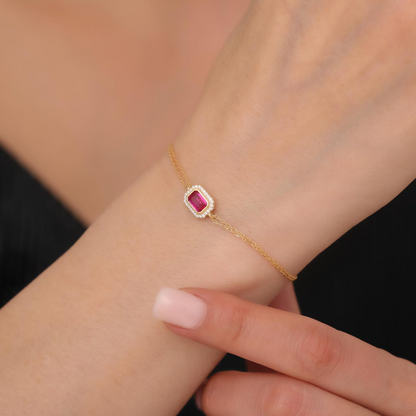 Rectangle Ruby Bezel Bracelet in 8K/10K/14K Solid Gold Surrounded with Real Diamonds, July Birthstone Jewelry