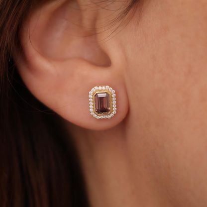 Rectangle Smoky Quartz Bezel Stud Earrings in 10K/14K Solid Gold Surrounded with Real Diamonds, Birthstone Jewelry