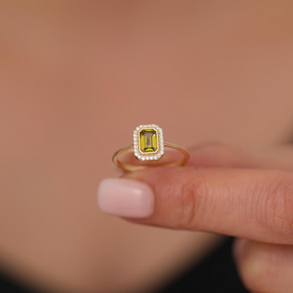 Rectangle Peridot Bezel Ring in 14K Solid Gold Surrounded with Real Diamonds, August Birthstone Jewelry