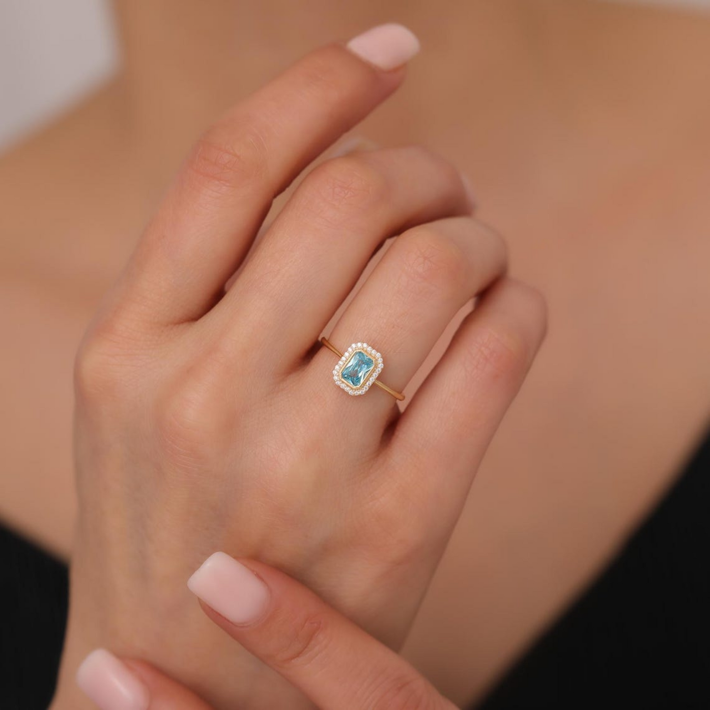 Rectangle Aquamarine Bezel Ring in 14K Solid Gold Surrounded with Real Diamonds, March Birthstone Jewelry