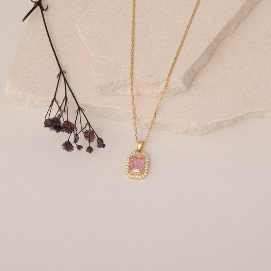 Rectangle Pink Tourmaline Bezel Necklace in 8K/10K/14K Solid Gold Surrounded with Real Diamonds, October Birthstone Jewelry