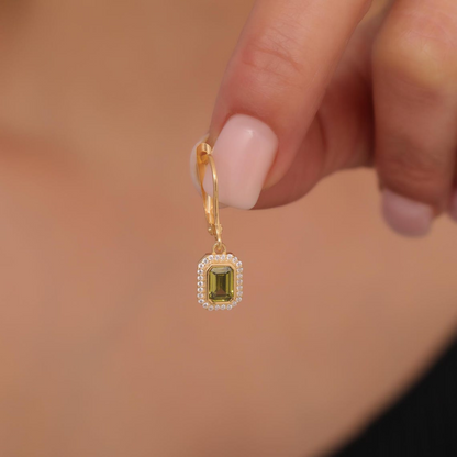 Rectangle Peridot Bezel Dangle Earrings in 8K/10K/14K Solid Gold Surrounded with Real Diamonds, August Birthstone Jewelry
