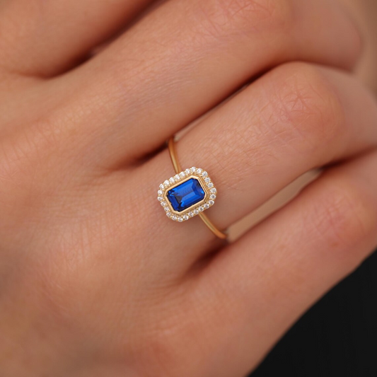 Rectangle Sapphire Bezel Ring in 14K Solid Gold Surrounded with Real Diamonds, September Birthstone Jewelry