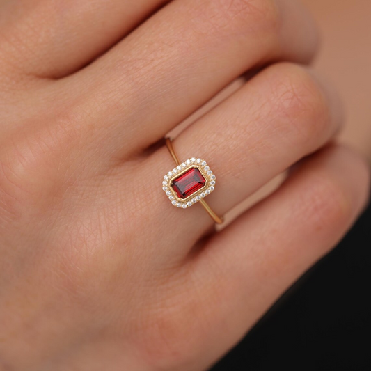 Rectangle Garnet Bezel Ring in 14K Solid Gold Surrounded with Real Diamonds, January Birthstone Jewelry