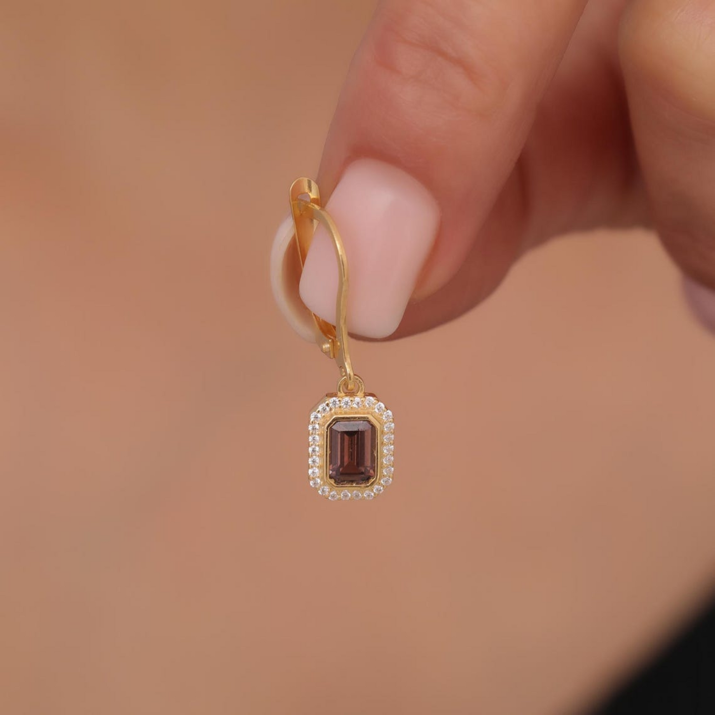 Rectangle Smoky Quartz Bezel Dangle Earrings in 8K/10K/14K Solid Gold Surrounded with Real Diamonds, Birthstone Jewelry