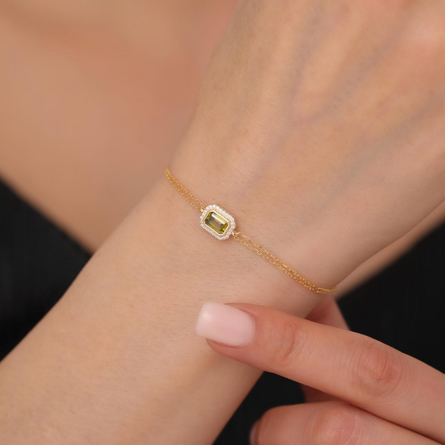 Rectangle Peridot Bezel Bracelet in 8K/10K/14K Solid Gold Surrounded with Real Diamonds, August Birthstone Jewelry