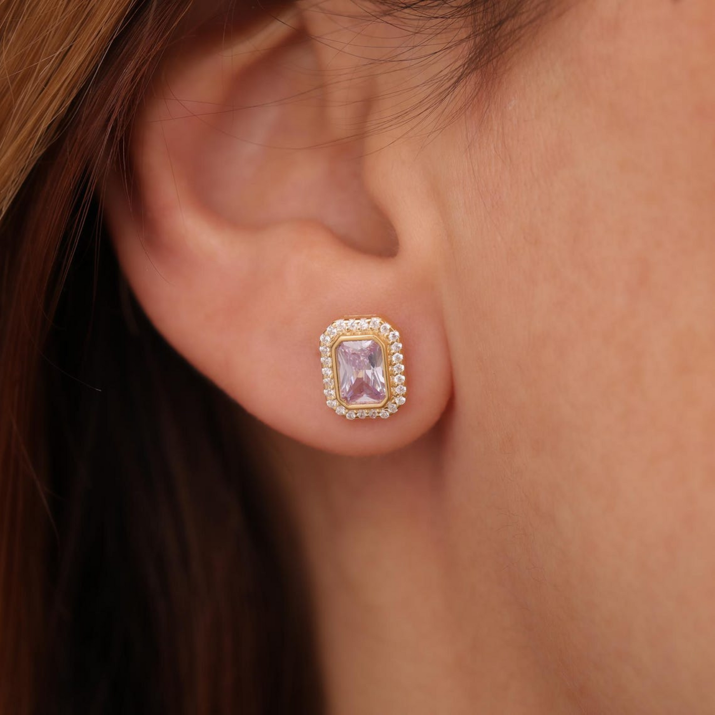 Rectangle Alexandrite Bezel Stud Earrings in 10K/14K Solid Gold Surrounded with Real Diamonds, June Birthstone Jewelry