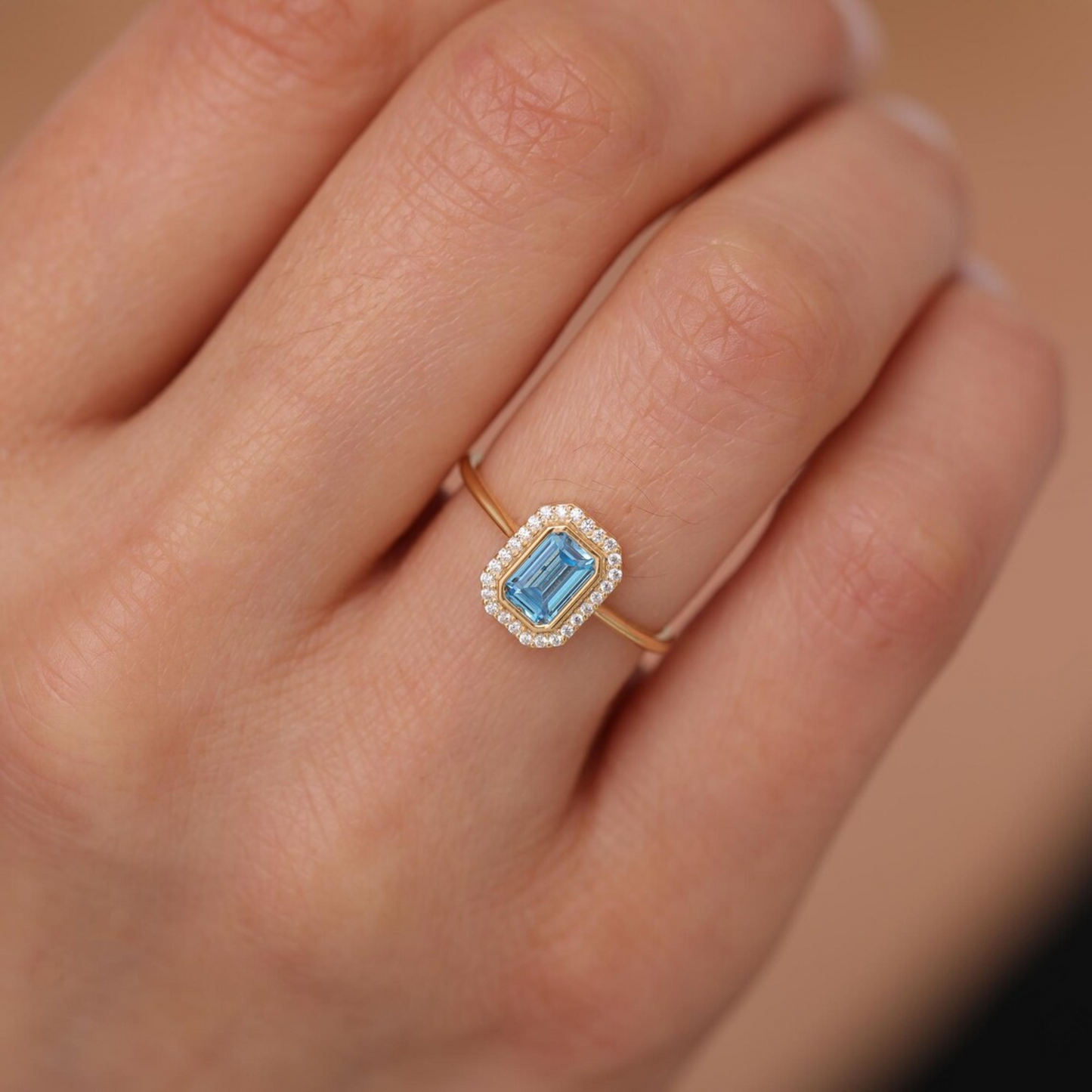 Rectangle Blue Topaz Bezel Ring in 14K Solid Gold Surrounded with Real Diamonds, December Birthstone Jewelry