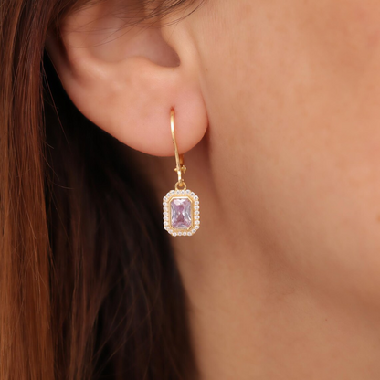 Rectangle Alexandrite Bezel Dangle Earrings in 8K/10K/14K Solid Gold Surrounded with Real Diamonds, June Birthstone Jewelry