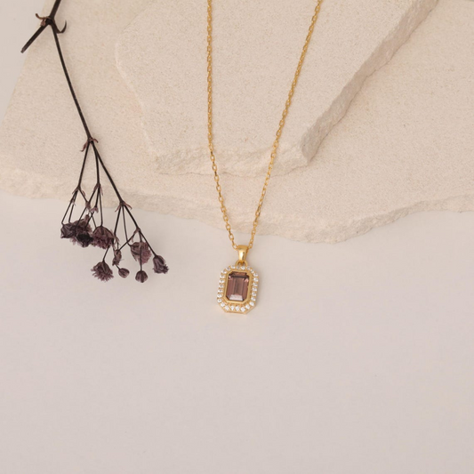 Rectangle Smoky Quartz Bezel Necklace in 8K/10K/14K Solid Gold Surrounded with Real Diamonds, Birthstone Jewelry