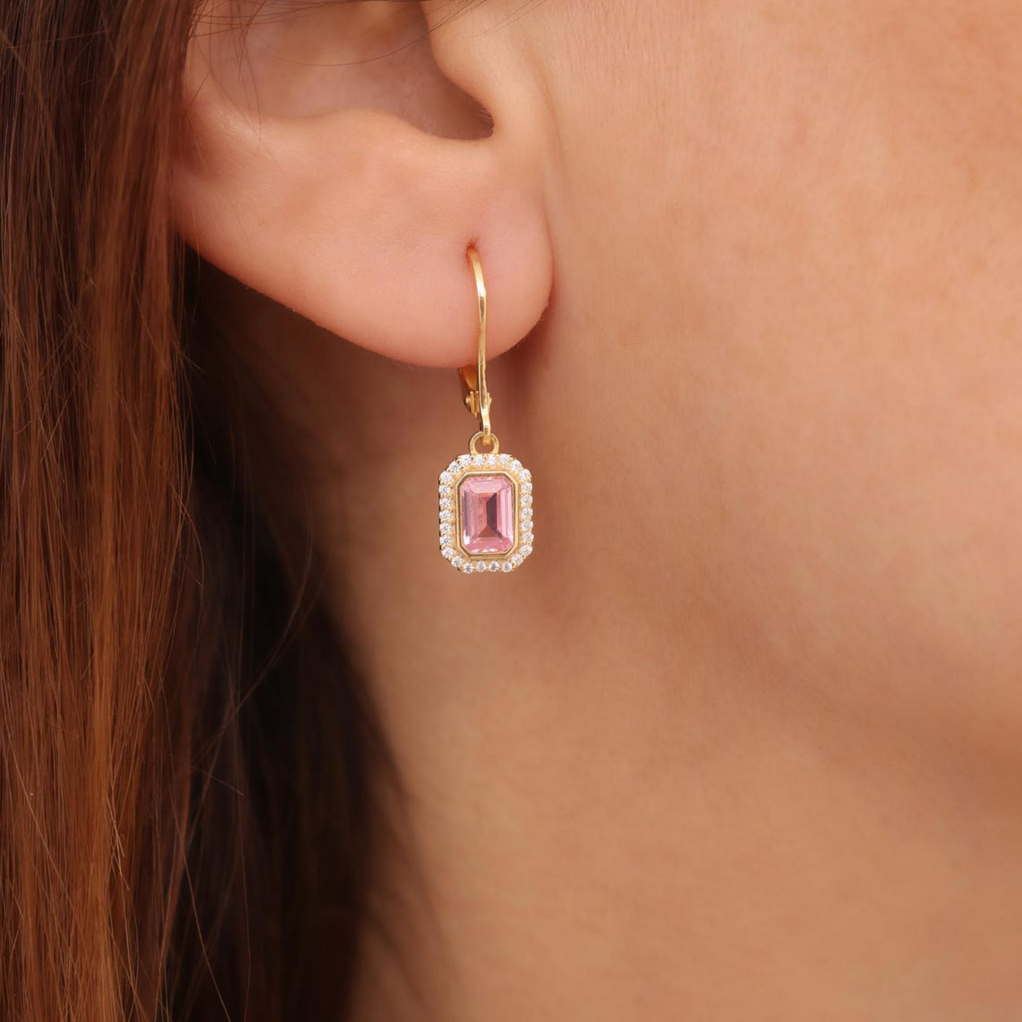 Rectangle Pink Tourmaline Bezel Dangle Earrings in 8K/10K/14K Solid Gold Surrounded with Real Diamonds, October Birthstone Jewelry