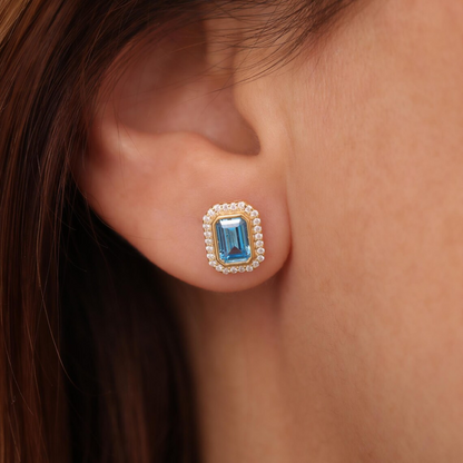 Rectangle Blue Topaz Bezel Stud Earrings in 10K/14K Solid Gold Surrounded with Real Diamonds, December Birthstone Jewelry