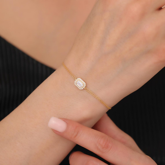 Rectangle White Topaz Bezel Bracelet in 8K/10K/14K Solid Gold Surrounded with Real Diamonds, April Birthstone Jewelry