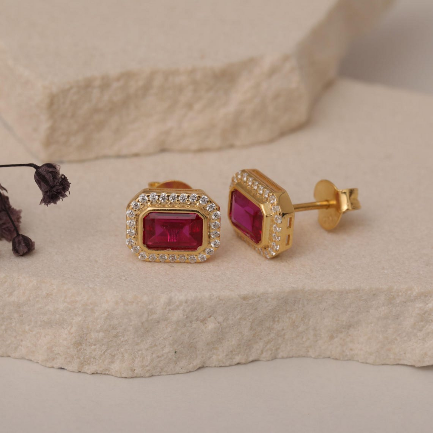 Rectangle Ruby Bezel Stud Earrings in 10K/14K Solid Gold Surrounded with Real Diamonds, July  Birthstone Jewelry