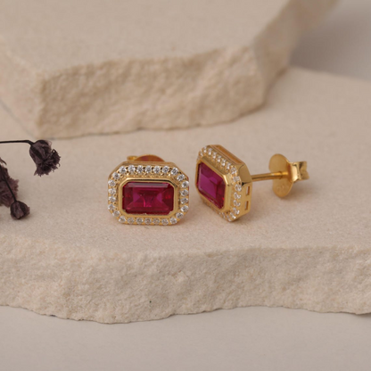 Rectangle Ruby Bezel Stud Earrings in 10K/14K Solid Gold Surrounded with Real Diamonds, July  Birthstone Jewelry