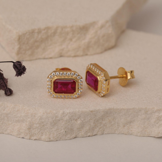 Rectangle Ruby Bezel Stud Earrings in 10K/14K Solid Gold Surrounded with Real Diamonds, July  Birthstone Jewelry