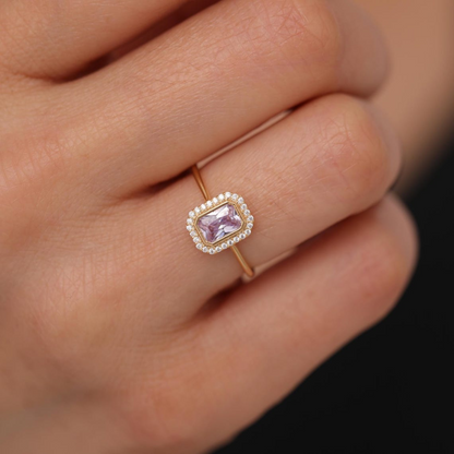 Rectangle Alexandrite Bezel Ring in 14K Solid Gold Surrounded with Real Diamonds, June Birthstone Jewelry