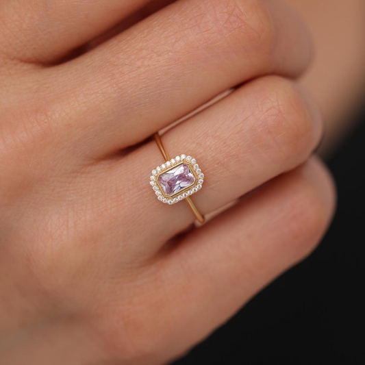 Rectangle Alexandrite Bezel Ring in 14K Solid Gold Surrounded with Real Diamonds, June Birthstone Jewelry