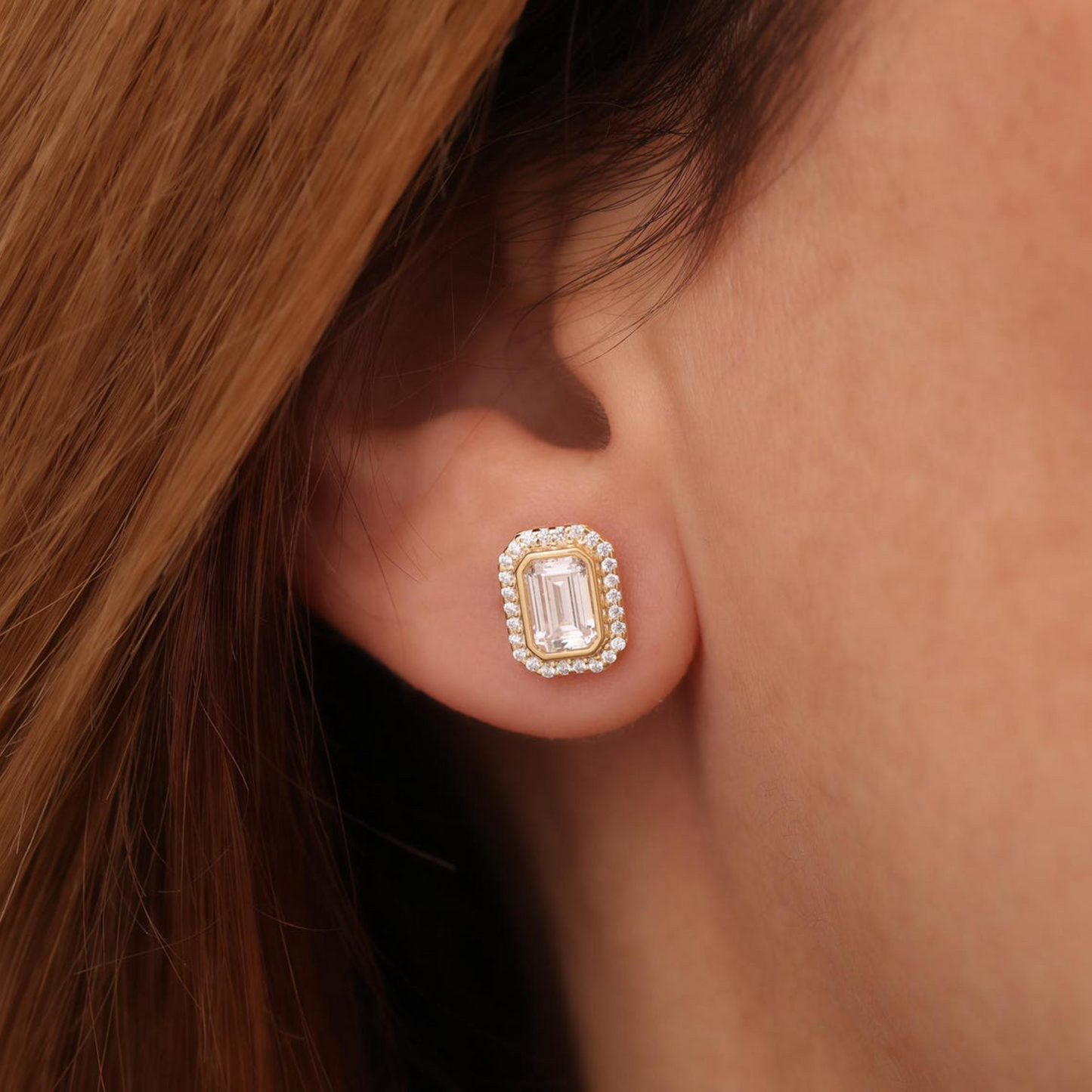 Rectangle White Topaz Bezel Stud Earrings in 10K/14K Solid Gold Surrounded with Real Diamonds, April Birthstone Jewelry