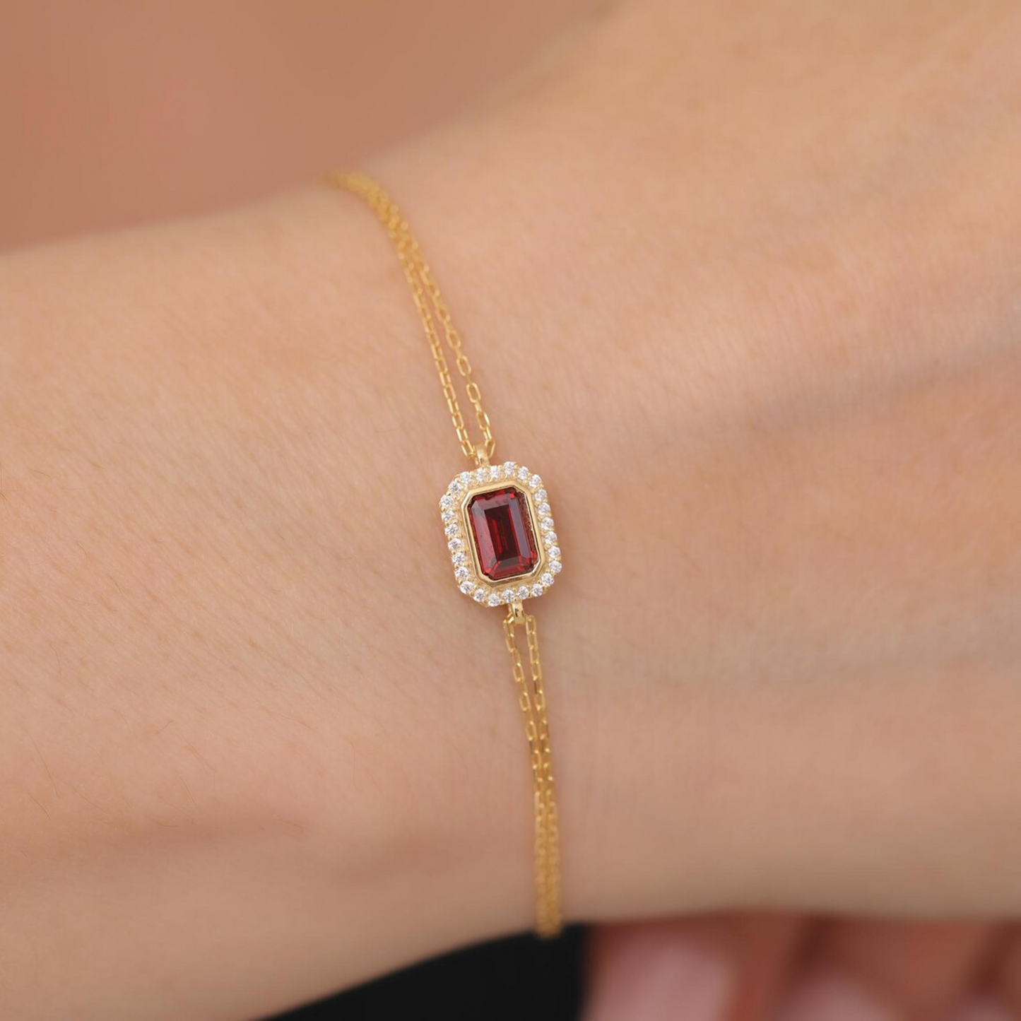 Rectangle Garnet Bezel Bracelet in 8K/10K/14K Solid Gold Surrounded with Real Diamonds, January Birthstone Jewelry