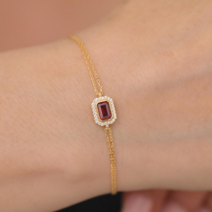 Rectangle Garnet Bezel Bracelet in 8K/10K/14K Solid Gold Surrounded with Real Diamonds, January Birthstone Jewelry