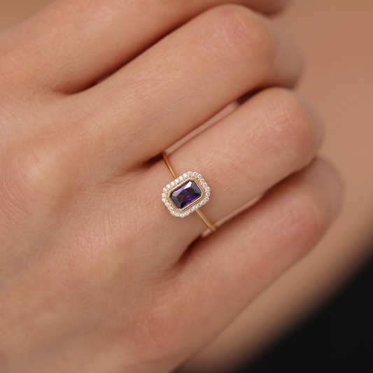 Rectangle Amethyst Bezel Ring in 14K Solid Gold Surrounded with Real Diamonds, February Birthstone Jewelry