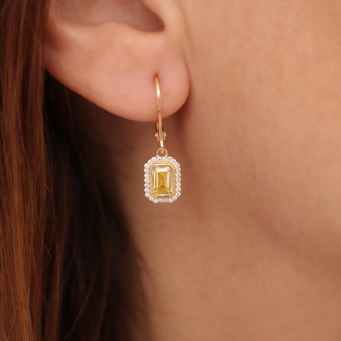 Rectangle Yellow Topaz Bezel Dangle Earrings in 8K/10K/14K Solid Gold Surrounded with Real Diamonds, Birthstone Jewelry