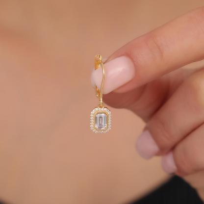 Rectangle White Topaz Bezel Dangle Earrings in 8K/10K/14K Solid Gold Surrounded with Real Diamonds, April Birthstone Jewelry