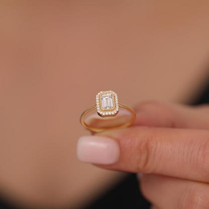 Rectangle White Topaz Bezel Ring in 14K Solid Gold Surrounded with Real Diamonds, April Birthstone Jewelry