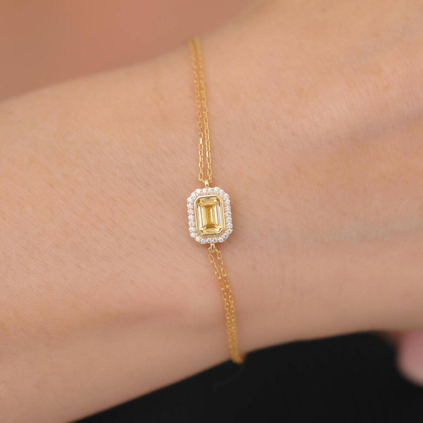Rectangle Yellow Topaz Bezel Bracelet in 8K/10K/14K Solid Gold Surrounded with Real Diamonds, March Birthstone Jewelry