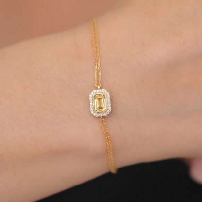 Rectangle Yellow Topaz Bezel Bracelet in 8K/10K/14K Solid Gold Surrounded with Real Diamonds, March Birthstone Jewelry