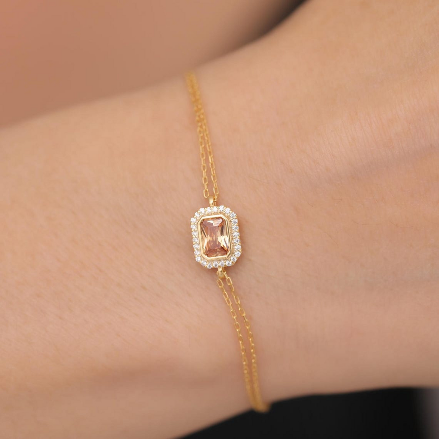 Rectangle Citrine Bezel Bracelet in 8K/10K/14K Solid Gold Surrounded with Real Diamonds, November Birthstone Jewelry