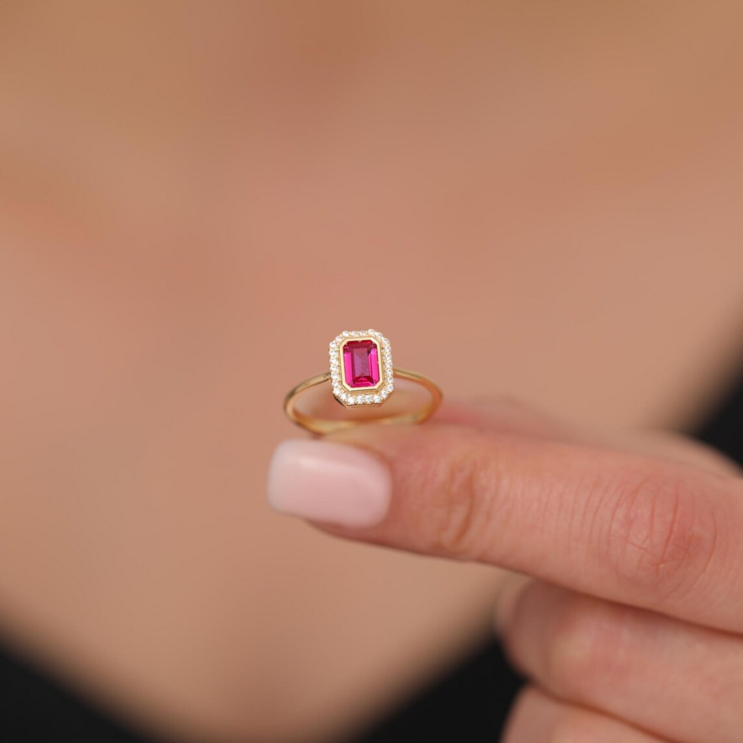 Rectangle Ruby Bezel Ring in 14K Solid Gold Surrounded with Real Diamonds, July Birthstone Jewelry