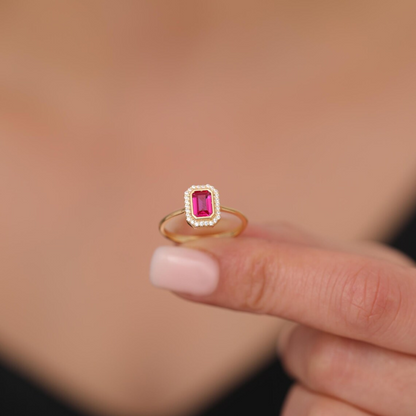 Rectangle Ruby Bezel Ring in 14K Solid Gold Surrounded with Real Diamonds, July Birthstone Jewelry