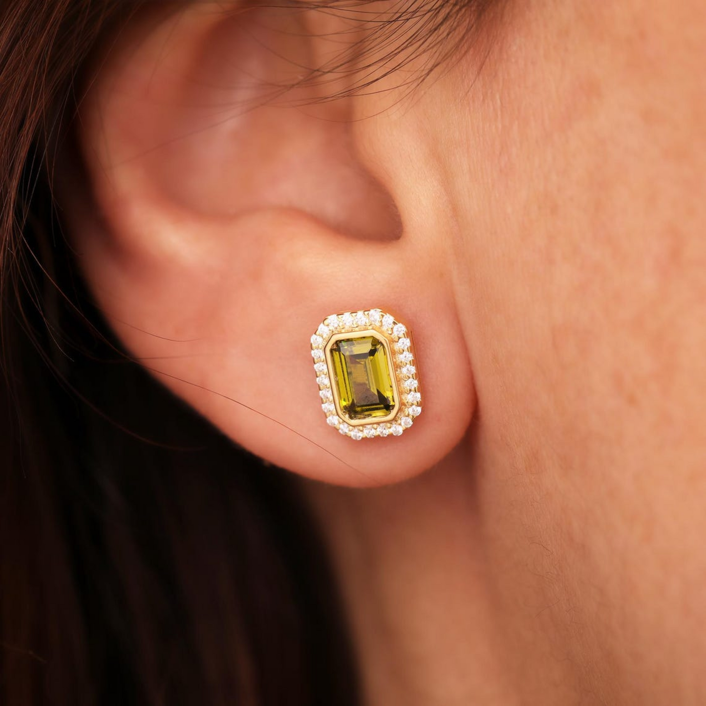 Rectangle Peridot Bezel Stud Earrings in 10K/14K Solid Gold Surrounded with Real Diamonds, August Birthstone Jewelry